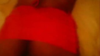 Sexy ebony babe gets fucked in red laytex skirt doggy